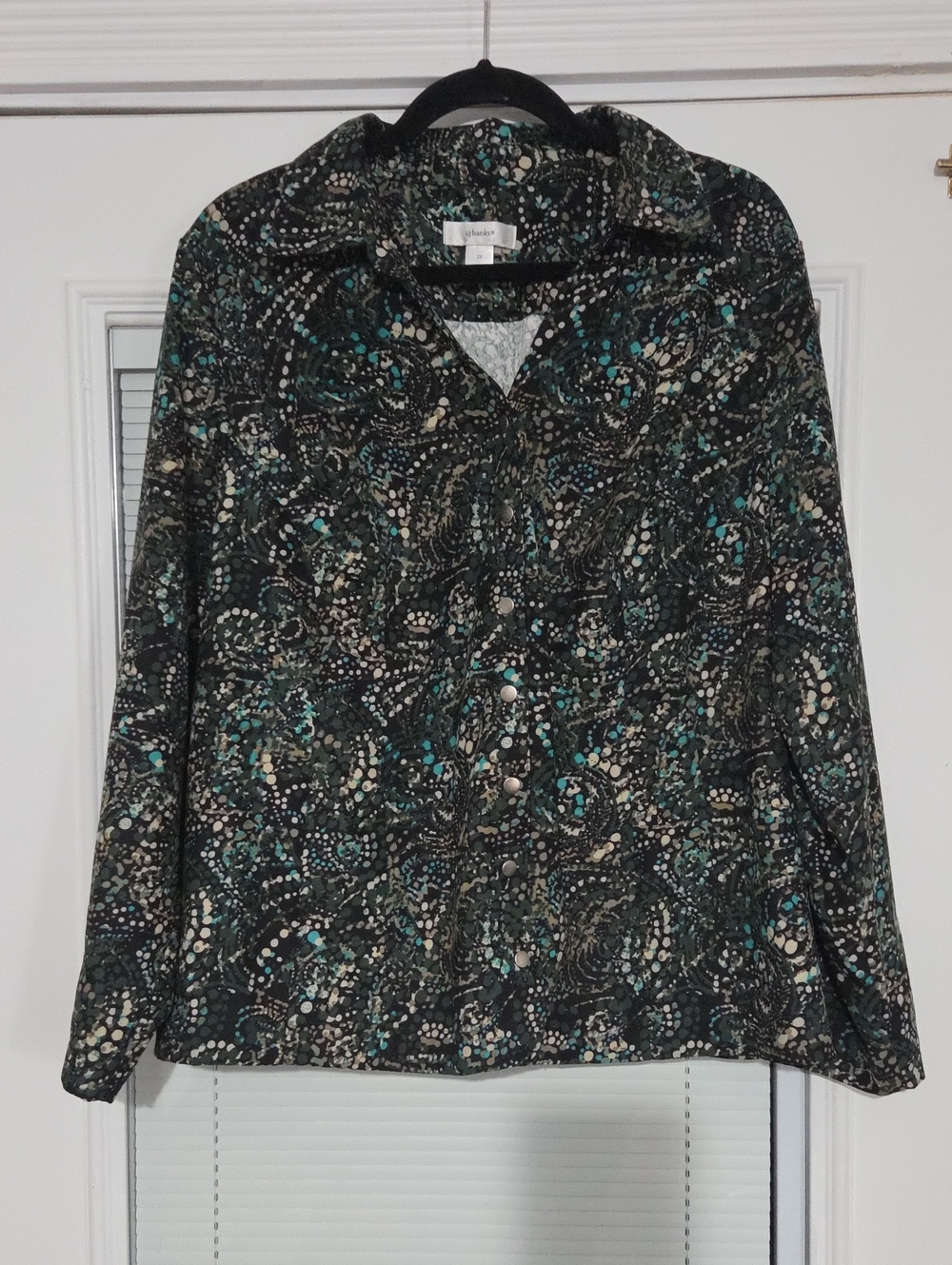 Women's Patterned Button-Front Blouse - Black Teal Cream